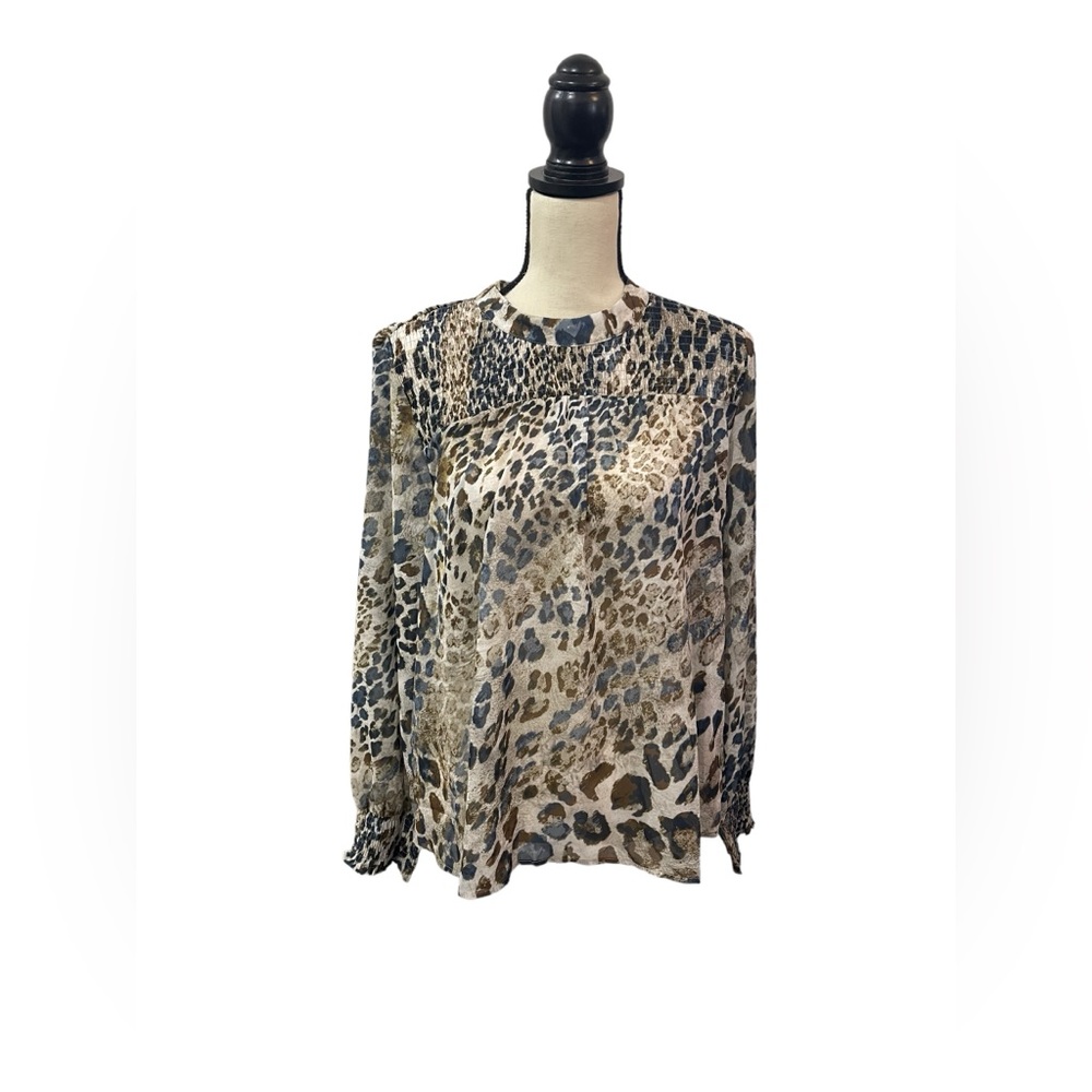 Mystree Metallic Leopard Print Ruffle Hem Blouse Top Large Long Sleeve NEW NWT